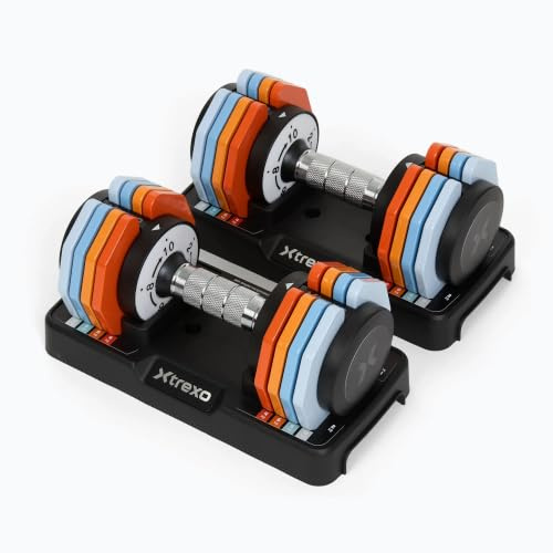 TREXO MULTICOLOR Juego de mancuernas ajustables, 2 x 5 kg, de acero con mango antideslizante, ideal para el entrenamiento de fuerza en casa y en el gimnasio, mancuernas ajustables con soporte estable