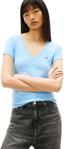 Tommy Jeans Camiseta de Manga Corta para Mujer Slim Essential Rib Cuello de Pico