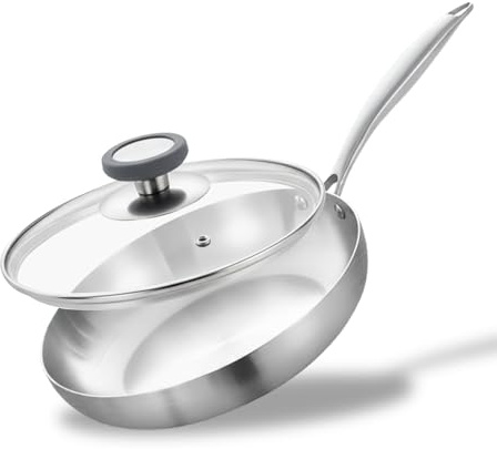 ELECTRO-GSM 26 cm Tri-Ply Stainless Steel Frying Pan with Lid, Riveted Ergonomic Handle, Cookware for Induction, Gas, Ceramic & Electric Hobs, Oven Safe, Even Heating