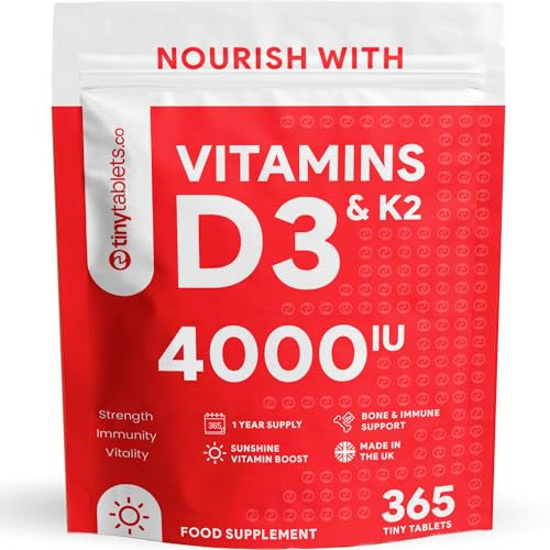 Vitamin D3 K2 | 365 Tiny D3 Tablets for 1 Year Long Supply | Vitamin D Tablets 4000 IU | Bone and Joint Support Multivitamin for Women and Men | Promotes Cardio Wellness | Vitamin D with K2