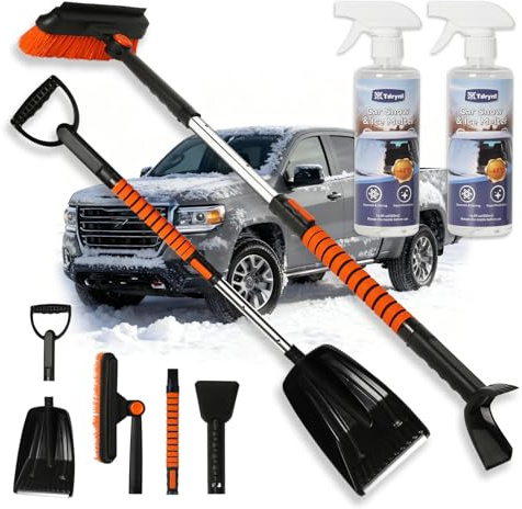 6 in 1 Snow Shovel & Snow Brush with Windshield De-Icer & Ice Scraper for Cars, Trucks, SUVs,40 Extendable & Bendable Thicken Aluminum Tube for Easy Roof Cleaning,180° Pivoting Head & EVA Grip