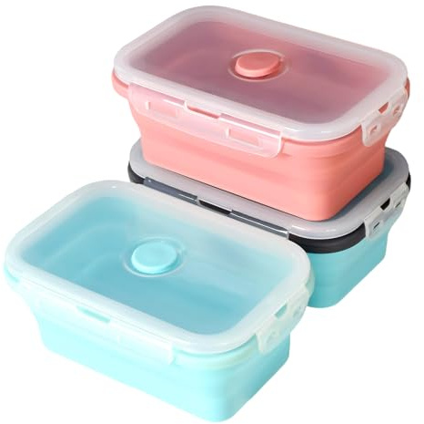 Luxvara 3 Fiambrera Plegable de Silicona, Táper Hermético y Estanco para Comida, Ideal para Camping, Viaje, Oficina & Colegio, Aptas Lavavajillas, Microondas y Congelador