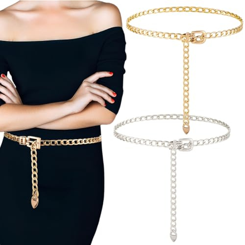 JYNVO 2 pezzi Cintura a catena in metallo da donna, cintura dorata da donna, cintura alla moda con catena in metallo regolabile per abito, jeans, cowgirl, arredamento casual 106 cm (oro, argento)