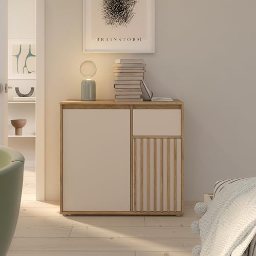 Forte ELISTON Kommode 90, Moderne Kommode mit Lamellendesign, 2-türig, 1 Schublade, Wohn-/Schlafzimmer, Mauvella Eiche Holzdekor|Kashmir Beige, 89 cm breit x 81,7 cm hoch x 41,5 cm tief