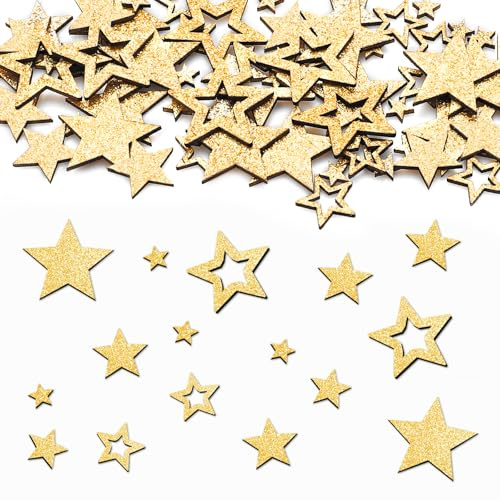 GoldRock 5 Größen Holzsterne zum Basteln 100 Stk Streudeko Weihnachten 0,8-2,8cm, Glitzer Sterne Deko Holz Klein,Weihnachtsdeko Sterne Gold,Konfetti Weihnachten Tischdeko,Hochzeit,Geburtstag Dekostern