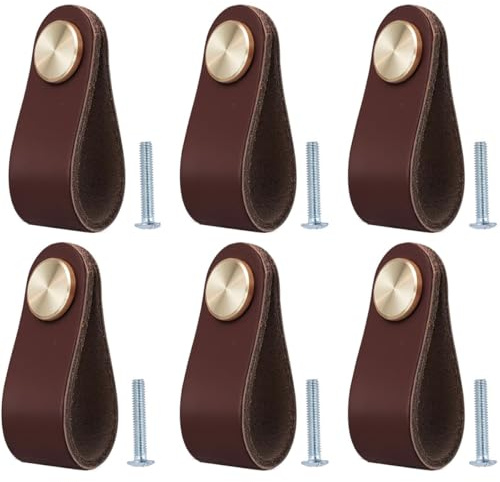 BOOLSFMAM 6 stycken läderhandtag för möbler, 6,4 x 2,5 cm handgjorda handtag möbelknoppar läder möbelhandtag, lådhandtag skåpknappar för köksskåp, garderob