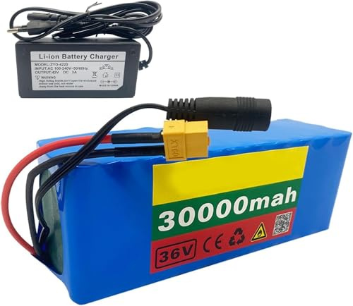 Caimcie Batería de Litio para Bicicleta eléctrica de 36 V y 30 Ah (10S3P) con Cargador. Paquete de baterías de Litio de 36 V para patinetes con Motores de 250 W a 1000 W. T+DC