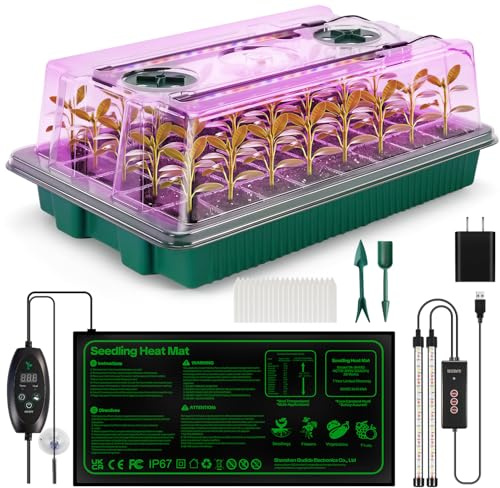 Qmioti Seed Starter Tray with Grow Light & Heating Mat, Digital Temperature Control, 40-Cell Seed Starter Kit with Humidity Dome, Reusable Seed Starter for Indoor Planting Seeds