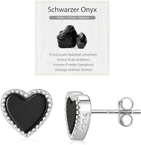 JENDEAR Herz Schwarzer Onyx Ohrringe Silber 925 für Damen Hypoallergene Nickelfrei Natürlicher Edelstein Ohrstecker, Schmuck Geschenke (Silber)