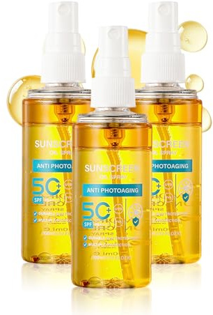 Sunscreen Oil Face & Body Spray with SPF 50+, Transparent Waterproof Sun Protection Spray for Hair and Scalp, Glowing Body Oil Mist for All Skin Types, Non-Greasy & Travel Size, 100ml (3pc)