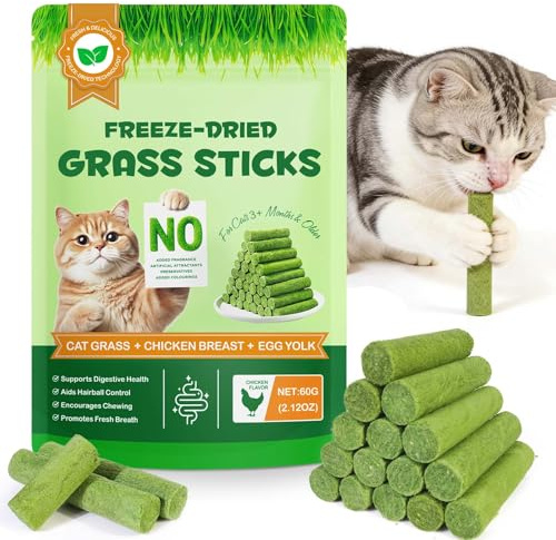 Cat Grass Sticks, Freeze Dried Grass Treats for Indoor Cats, Cat Treats for Teeth Cleaning, Hairball Control & Dental Care, Digestive Health, Chicken Flavored 60G