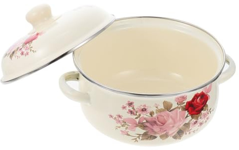 SWETRACE Olla de Esmaltada para Sopa Diseño Compacto y Calentamiento Uniforme, Cacerola Vintage Dos Asas y Tapa Adecuado para Cocinar en Casa