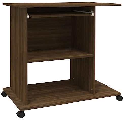 Mhdvray Scrivania per computer con ruote, con estraibile per tastiera e supporto per CPU, tavolo da lavoro per casa, ufficio, in legno, 80 x 50 x 75 cm, marrone effetto rovere