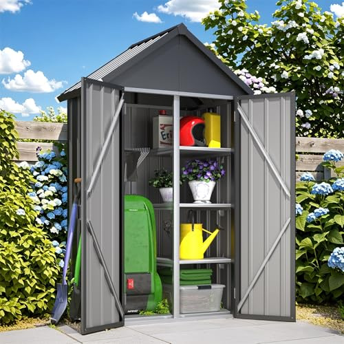YODOLLA Metall Geräteschuppen mit Sockel und abschließbarem Schloss, Grau | Gartenschrank aus Verzinkter Stahl, Gerätehaus 107x53x178 cm
