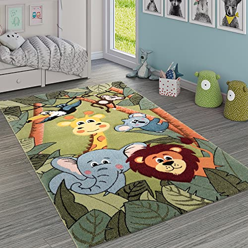 Paco Home Kinderteppich Kinderzimmer Dschungel Tiere Giraffe Löwe AFFE Nilpferd Grün, Grösse:133 cm Quadrat