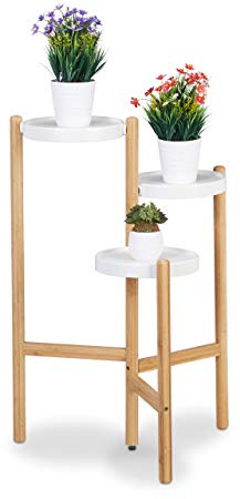 Relaxdays Escalier à Fleurs, 3 marches, Surfaces Rondes, pour l’intérieur, métal & Bambou, 78x53x45 cm, Naturel/Blanc, Bambou, 78 x 53 x 45 cm