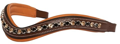 Exion Pferdestirnband für Englisches Zaumzeug | Geschwungenes, gepolstertes Reitstirnband für Turnier & Dressur | Schwarzes und goldenes Kristall-Stirnband für Pferde