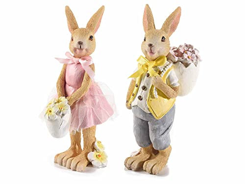 Gruppo Maruccia - Conigli Pasquali in Resina Dipinta con Uova e Fiori - Statuine Pasquali per Addobbare Casa e Negozi - Idea Regalo Bambini - Set da 2