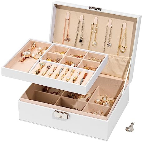 WAREHOUSE Joyeros Mujer Organizador, Organizador Joyas de Para Almacenar Joyas, Anillos, Pendientes, Pulseras y Collares, Joyeros Mujer Organizador de Cuero Impermeable. (Blanco-M)