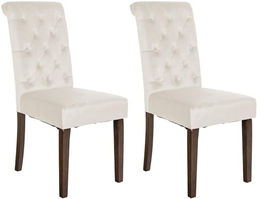 CLP 2er Set Esszimmerstühle Lisburn I Samt I Stoff I Polsterstühle Gesteppt Chesterfield Design | Farbe Creme Material Samt