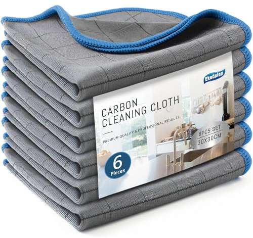 Ekedalen 6X Fensterputztücher Carbon Tücher, Reinigungstücher für Kristallklare & Streifenfreie Scheiben, Mikrofaser Putztücher, Fusselfreies Poliertuch, 30x30 cm Glastücher, Blau