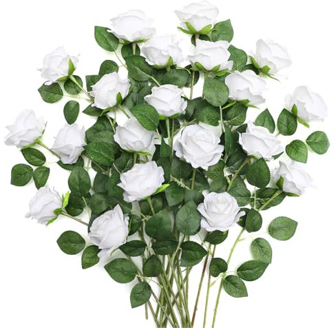 JUSTOYOU 20 rosas artificiales blancas, rosas de seda con tallo, ramo de rosas artificiales realistas para el hogar, mesa, oficina, fiesta, boda, arreglos de jardín (rosa blanca)
