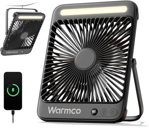 Warmco 20000mAh Battery Powered Fan, Ultra-Slim 8-Inch Portable Camping Fan with LED Lantern, Up to 48H Runtime Rechargeable Desk Fan for Bedroom, Outdoor, Tent, Travel, Cruise Ship Essentials