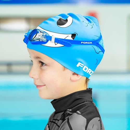 FORZA Kids' Swimming Cap with Fun Fish Design | Premium Silicone Swim Hat for Children Aged 3-7 – Comfortable, Durable, and Splash-Proof (Blue, Pack of 1)