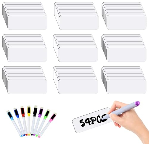 Mecmbj Magnetstreifen Beschreibbar, mit 8 Löschbaren Stiften (Weiß) | 54 Stück Magnetschilder zum Beschriften,8x3cm,Abwischbare Magnete zum Beschriften für Whiteboards,Kühlschränke,Magnettafeln