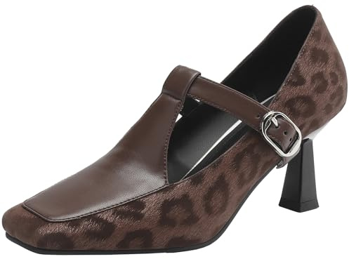 XIEPP Mary Jane-pumps med kvadratiskt tåområde för kvinnor för pendling, bekväm design, BRUN, 32 EU