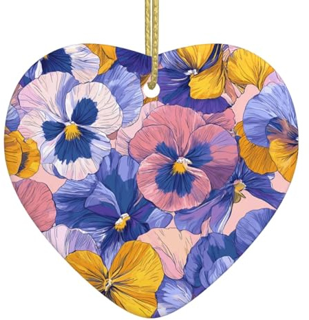 Christmas Tree Ceramic Hanging Love Ornament WHJSSF Pansy Perfection Printing with Perforated and Gold-Plated Metal Cord