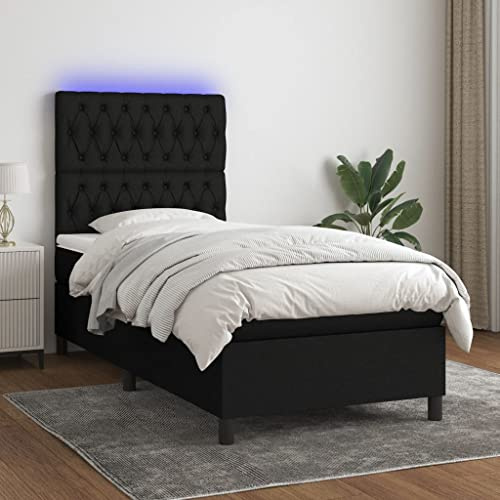 Tonture resårsäng med madrass och LED, svart, 80 x 200 cm, tygöverdrag, höjdjusterbar sänggavel, fickfjädermadrass, hudvänligt madrass, för vilsam sömn