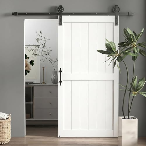 HOMCOM Porta Scorrevole Esterna Muro 106.6x213.4cm, Binario Acciaio, Maniglia Migliorato, Ruote, Porta da Interno in Stile Industriale, in MDF e Legno Pino, Impermeabile, per Cucina, Bagno, Soggiorno