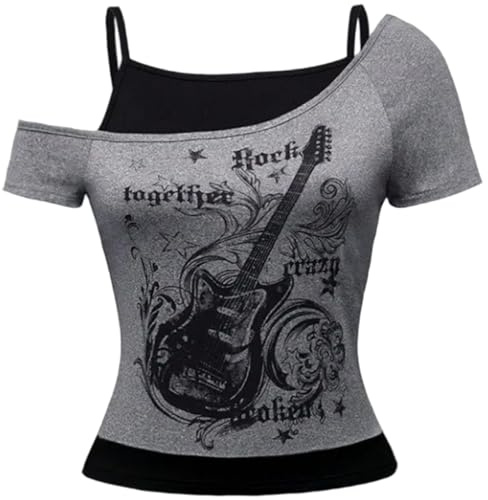 Peosaard Top Corto Y2k, Camicie Grunge Top Y2k Vintage a Maniche Corte con Spalle Scoperte, t-Shirt per Donne e Ragazze, Abiti da Donna degli Anni 2000
