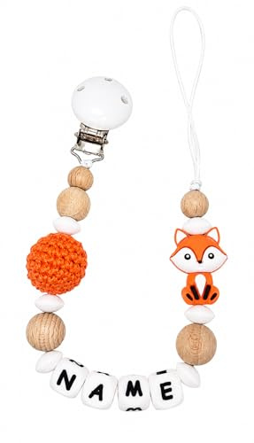 Individuell gestaltetes Babygeschenk personalisiertes Schnullerkette mit Namen für Mädchen oder Junge Baby Geschenk personalisiert zur Geburt & Taufe (Fuchs orange)