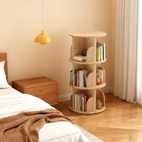 Thaookte Drehbares Bücherregal, Massivholz Standregal Drehregal, Büroregal Dekoregal 360° Frei Drehbar mit 3 Ebenen Ø39cm, H 98cm, Bücherschrank Rundes Ordnerregal für Kinderzimmer, Schlafzimmer