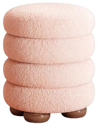 HJYXXSR Runder Ottoman, Moderner Frisierstuhl, Mit Samt Gepolsterter Schuhwechselhocker, Holzsockel, Geeignet Für Wohnzimmer, Schlafzimmer, Eingangsbereich Natural Base Pink