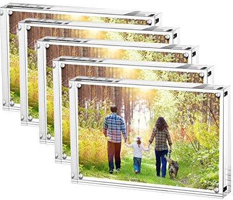 Boxalls Acrylic Photo Frame 9 x 13 cm (3.5 x 5 inch)-Set of 5, Double Sided Picture Frame with Magnetic, Clear Frameless Desktop Photo Block