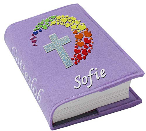 Gotteslob Gotteslobhülle Kreuz Herzen Regenbogen Filz mit Namen bestickt hellgrau weiß dunkelgrau blaugrau dunkelblau türkis maigrün flieder, Farbe:flieder