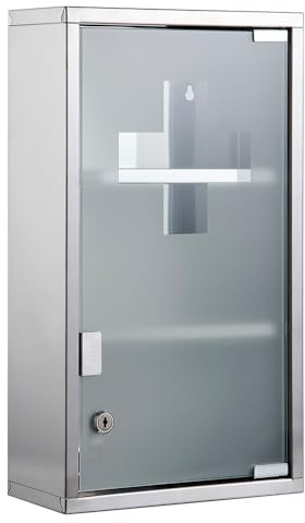 Zedelmaier Medizinschrank aus Edelstahl,Medikamenten Aufbewahrung,Medikamentenschrank 3 Fächer,Apothekerschrank,Badezimmerschrank,Hängend,Abschließbarer Medizinschrank,48 x 27 x 12 cm,Silber
