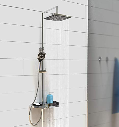 Schütte BLUEPERL Duschsystem ohne Armatur mit Ablage, Komplett Dusch-Set (Regendusche mit Wandhalterung, Duschsäule, 22,5 x 22,5cm Duschkopf und Brauseschlauch) 60566, Chrom/Schwarz