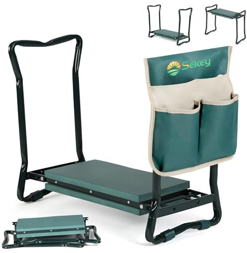 Sekey Höhenverstellbare Kniebank für Gartenarbeit Belastbarkeit 160KG, Gartenhocker Klappbar mit Werkzeugtaschen, Kniehilfe für Gartenarbeiten 60 * 50 * 28 cm, Grün (Standard)