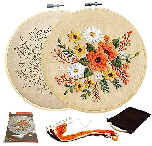 SwirlColor Starter Kit da Ricamo per Adulti in Lino Floreale Ricamo Fai-da-Te con Motivo, Libro di Istruzioni, Filo, Ago, 1 Cerchio (fiore 1)