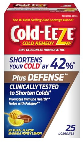 Cold-Eeze Plus Defense Natural Manuka Honey Lemon Zinc Lozenges, Homeopathic Cold Remedy, Shortens Common Cold Symptoms, Promotes Immune Health, Sambucus Nigra, Echinacea and Rose Hips, 25 Ct.