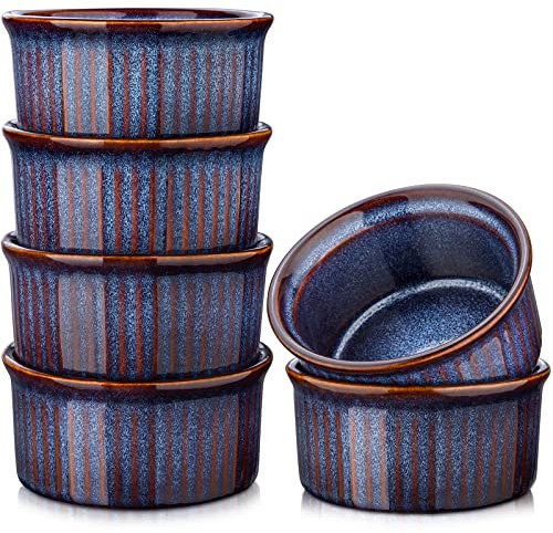 vancasso Series Carpi 3.5in Round Ramekins, 150ml Stoneware Creme/Brulee/Souffle/Cheese/Cake, Oven Safe, Set of 6, Blue