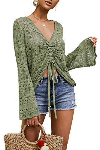 Saodimallsu Haut court bohème à épaules dénudées pour femme | Haut bohème, épaules dénudées, haut court transparent, manches cloches, hauts fluides, surdimensionnés, pulls en crochet