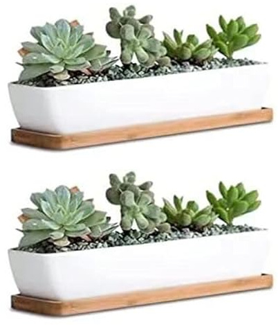 Maerskye Lot de 2 Pots de Fleurs rectangulaires en céramique Blanche de 27,7 cm de Long avec soucoupes en Bambou pour intérieur ou extérieur, Maison, Jardin, Cuisine, Plante Non Incluse.