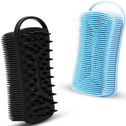 Lot de 2 brosses exfoliantes 2 en 1 en silicone pour le bain, la douche et le bain, luffa en silicone souple pour peaux sensibles, masseur de cuir chevelu, facile à nettoyer, mousse bien (bleu et noir
