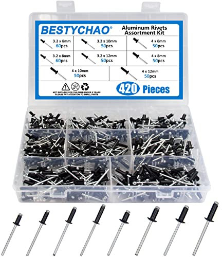 BESTYCHAO 420 Stück 8 Größen Aluminium Blindnieten, M3.2 M4 Pop Nieten Sortiment Kit (Schwarz)