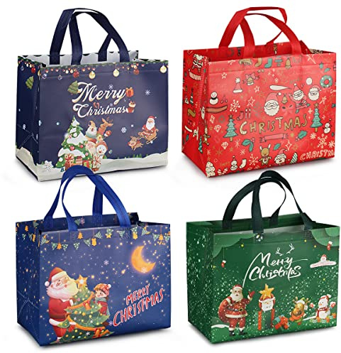4PCS Christmas Bags for Gifts, Tote Bags with Handles, Christmas Treat Bags, Non-Woven Christmas Bags for Gifts Wrapping Shopping, Xmas Party Supplies